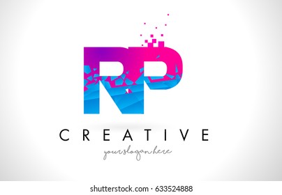 RP R P Letter Logo with Broken Shattered Blue Pink Triangles Texture Design Vector Illustration.