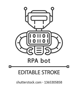 RPA bot linear icon. Programmed cyborg. Software robot. Robotic process automation. Thin line illustration. Contour symbol. Vector isolated outline drawing. Editable stroke