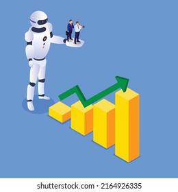 RPA - Businessmen Looking At An Uptrend Chart Standing On Robot Arm Isometric 3d Vector Illustration Concept For Banner, Website, Illustration, Landing Page, Flyer, Etc.