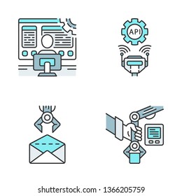 RPA color icons set. Robotic process automation. Programming and robots using. Software developer, API connection, email, PbD. Automate workflows. Isolated vector illustrations