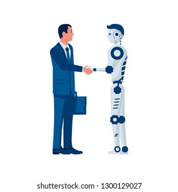 RPA concept. Robotic progress automatisation. Human partnership robot.  Businessman shakes hands with a cyborg. Future cooperation. Vector illustration flat design. Isolated on white background.