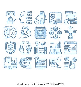 Rpa Cyber Technology sketch icon vector. Hand drawn blue doodle line art Rpa Robotic Process Automation, Drone Delivering And Processor Chip, Robot Arm And Hand Illustrations