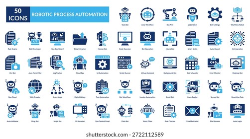 Conjunto De Ícones De Preenchimento Rpa. Task Bot, Auto Workflow, Bot Arm, Code Robot, Configurações, Workflow Robot, Integração Ai