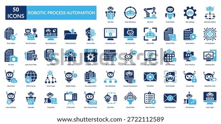 Rpa Fill Icon Set. Task Bot, Auto Workflow, Bot Arm, Code Robot, Settings, Workflow Robot, Ai Integration