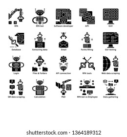RPA glyph icons set. Robotic process automation. Clerical process automation. Software robots. Artificial intelligence workers. Automate workflows. Silhouette symbols. Vector isolated illustration