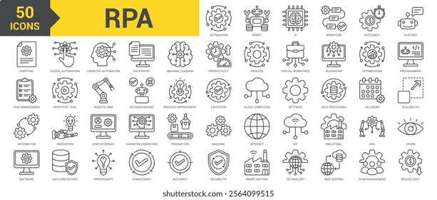 RPA icon collection set. Containing Automation, production, robot, AI, workflow, efficiency, chatbot, scripting, task management, integration, software, digital transformation icon. Simple line vector