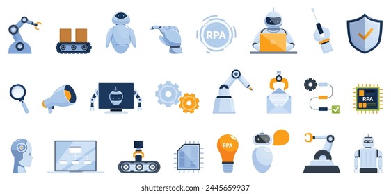 RPA iconos conjunto de dibujos animados Vector. Proceso de automatización. Innovación informativa