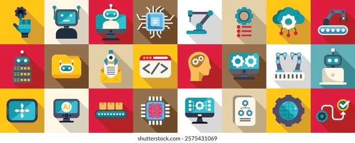 RPA icons set. Colorful icons representing various aspects of artificial intelligence, including automation, robotics, machine learning, and cloud computing