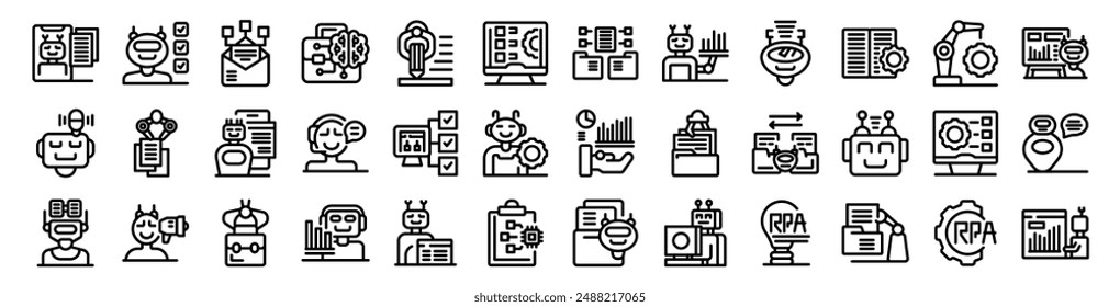 RPA icons set. Robots automating tasks, managing data, and improving efficiency in various business operations