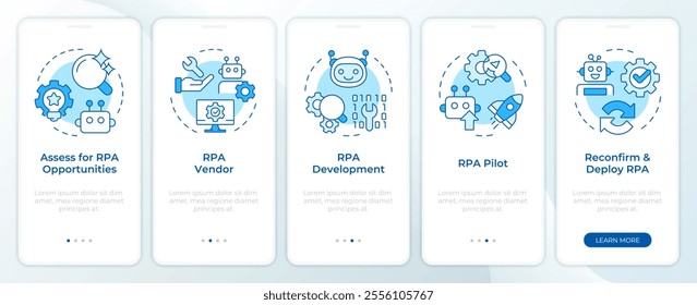 RPA implementation blue onboarding mobile app screen. Innovations walkthrough 5 steps editable graphic instructions with linear concepts. UI, UX, GUI template