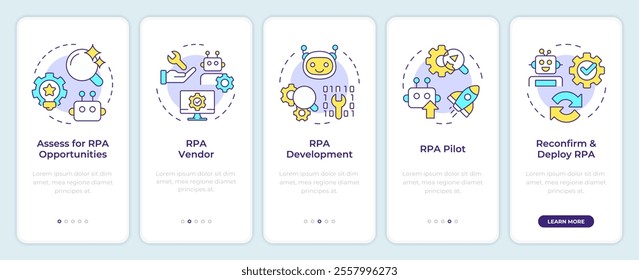 RPA implementation onboarding mobile app screen. Innovations walkthrough 5 steps editable graphic instructions with linear concepts. UI, UX, GUI template