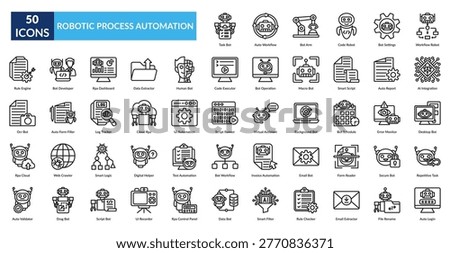 Rpa Line Icon Set. Task Bot, Auto Workflow, Bot Arm, Code Robot, Settings, Workflow Robot, Ai Integration