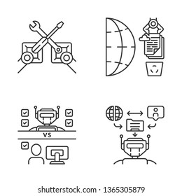 RPA linear icons set. Clerical process automation technology. RPA tools, data scraping, gathering, bot vs employee. Thin line contour symbols. Isolated vector outline illustrations. Editable stroke