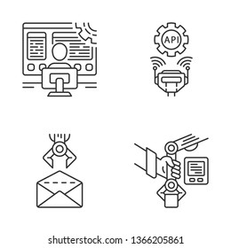 RPA linear icons set. Robotic process automation. Software developer, API connection, email, PbD. Automate workflows. Thin line contour symbols. Isolated vector outline illustrations. Editable stroke