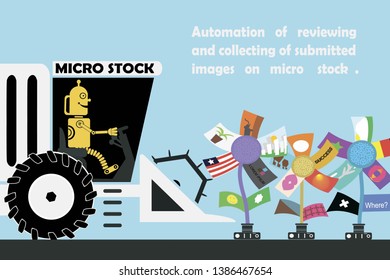 RPA For Micro Stock: Automation Of Reviewing And Collecting Of Submitted Images On Photo Bank. Process Is Shown In Form Of Harvester Driven By Robot Is Collecting Images Which Look Like Grown Flowers.