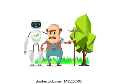 RPA robot. Android helps care of nature. Nature protection, artificial intelligence, robatized work, Care of cleanliness Robotic technologies for protect nature and  planet