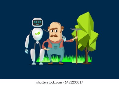 RPA robot. Android helps care of nature. Nature protection, artificial intelligence, robatized work, Care of cleanliness Robotic technologies for protect nature and  planet