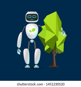 RPA robot. Android helps care of nature. Nature protection, artificial intelligence, robatized work, Care of cleanliness Robotic technologies for protect nature and  planet