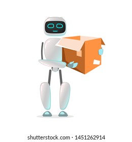RPA. The robot is working. Cute robot helps people to perform different tasks. artificial Intelligence. Robot loader with a box helps in the work