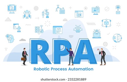 rpa robotic process automation concept with big words and people surrounded by related icon with blue color style