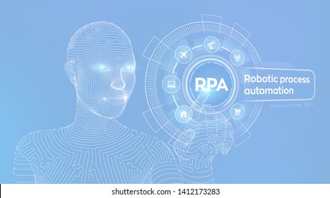 RPA Robotic process automation innovation technology concept on virtual screen. Wireframed cyborg hand touching digital graph interface. AI. Artificial intelligence. Vector illustration.