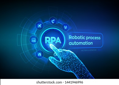 RPA Robotic process automation innovation technology concept on virtual screen. Wireframed robotic hand touching digital graph interface. AI. Artificial intelligence. Vector illustration.