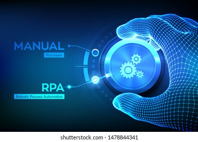 RPA Robotic process automation innovation technology concept. Wireframe hand turning a knob and selecting RPA mode. Intelligent system automation. AI. Artificial intelligence. Vector illustration. - Shutterstock ID 1478844341