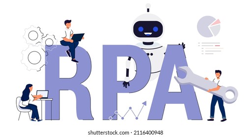 RPA Tecnología de innovación de automatización de procesos robóticos Diseño de banners web de inteligencia artificial Industria empresarial, bot, algoritmo, codificación, análisis, automatización, comprobación y bucle Concepto de ilustración de vectores