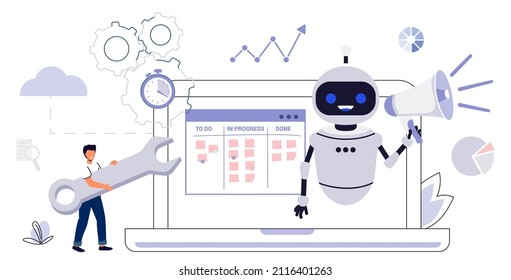 RPA Robotic process automation innovation technology Artificial intelligence web banner layout Business industry, bot, algorithm, coding, analyze, automate, check and loop Vector illustration concept