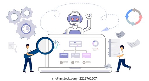 RPA Robotic process automation innovation technology Artificial intelligence web banner layout Business industry, bot, algorithm, coding, analyze, automate, check and loop Vector illustration concept