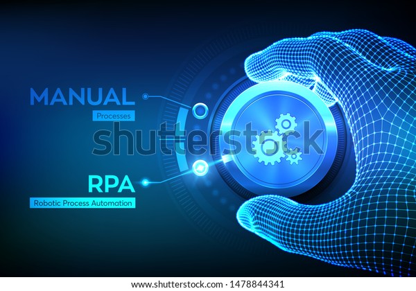RPA Robotic process automation innovation\
technology concept. Wireframe hand turning a knob and selecting RPA\
mode. Intelligent system automation. AI. Artificial intelligence.\
Vector illustration.