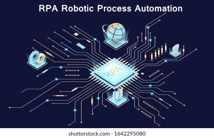 RPA Robotic Process Automation. Printed circuit board. Microchip. Microprocessor. Vector illustration.