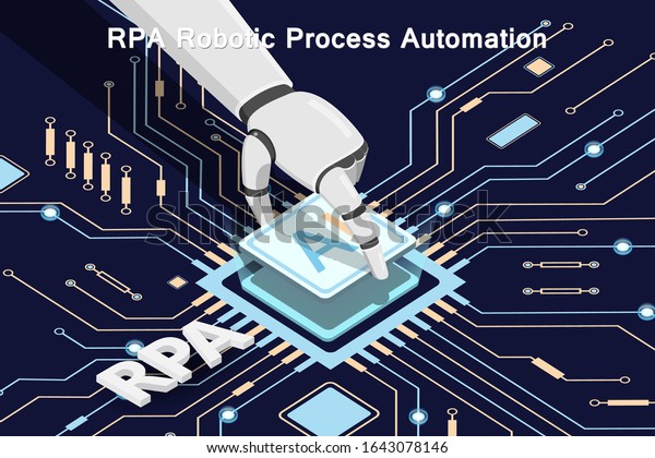 Rpaロボット プロセスの自動化 プリント基板 マイクロチップ ロボットは 基板上にマイクロプロセッサを設置する ベクターイラスト のベクター画像素材 ロイヤリティフリー