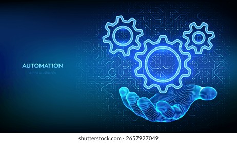 RPA. Software de automatización de procesos robóticos. Iconos de engranajes en la mano en el fondo del patrón de la placa de circuito. Industria inteligente. IOT y concepto de automatización. Innovación, mejora de la productividad en tecnología. Vector.
