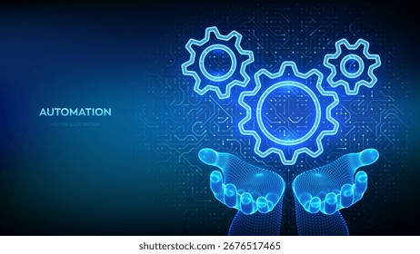 RPA Software de automação robótica de processos. Ícone de engrenagens nas mãos no plano de fundo do padrão da placa de circuito. Indústria inteligente. IOT e conceito de automação. Inovação, melhorando a produtividade em tecnologia. Vetor.