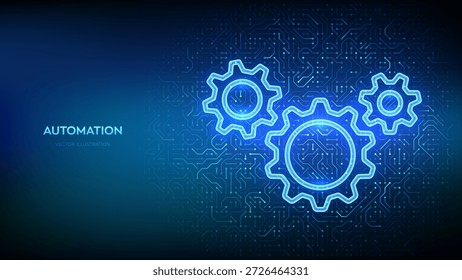 RPA. Software de automatización de procesos robóticos. Iconos de engranajes en el fondo del patrón de la placa de circuito. Industria inteligente. IOT y concepto de automatización. Innovación, mejora de la productividad en tecnología. Vector.