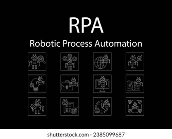 Juego de iconos de tecnología RPA Robotic Process Automation, Tecnología Robótica, Máquina, Aprendizaje, Iconos vectoriales AI.