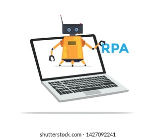 RPA robotic process automation vector concept. Robot showing RPA text from laptop. 