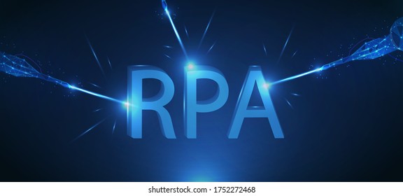 RPA, robotic process automation. Web page template. The RPA header is assembled by a robotic arm. High-tech programming devices and robots. Vector illustration