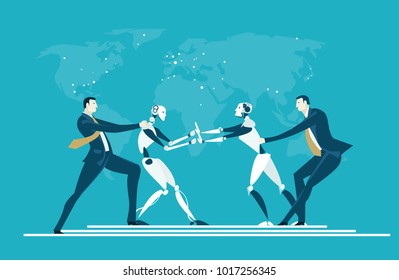 RPA Robotic progress automatisation concept illustration. Humans vs Robots. Human and robot fighting for the managing position