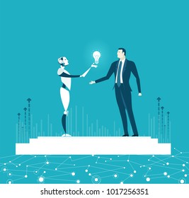 RPA Robotic progress automatisation concept illustration. Humans vs Robots. Robot surprising businessmen with idea. 