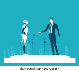 RPA Robotic progress automatisation concept illustration. Humans vs Robots. Human and robot talking about business