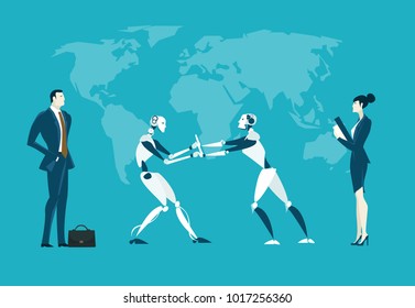 RPA Robotic progress automatisation concept illustration. Humans vs Robots. Human and robot fighting for the managing position
