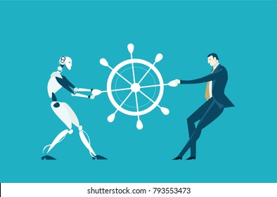 RPA Robotic progress automatisation concept illustration.
Human vs Robot. Human and robot fighting for the managing position