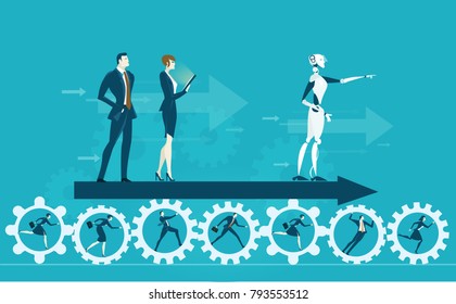 RPA Dibujo de concepto de automatización del progreso robótico.
 Humano vs Robot. Robot señala la dirección correcta para el desarrollo empresarial