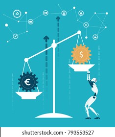 RPA Robotic progress automatisation concept illustration.
Robot controlling the currency market