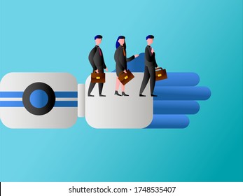 RPA vector concept: big hand robot guiding the business people wearing black suits