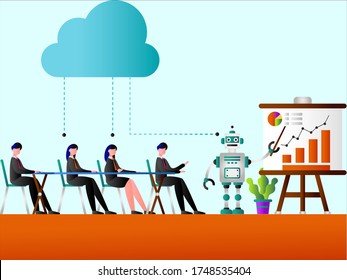 RPA vector concept: robot doing presentation of the business chart to business people using cloud computing system