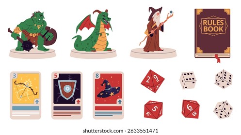 Rpg juego de mesa Elementos. Dados poligonales, Plantilla de cartas, mago, dragón y orco con arma, mundo de aventuras de fantasía, figuras, libro de reglas, juego de mesa aislado de dibujos animados juego de Vector de hoy en día