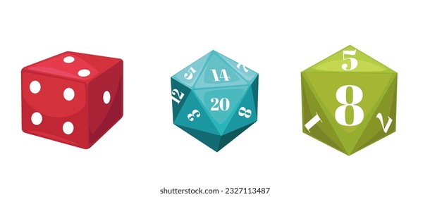 Rpg and board games cubes with numbers, isolated objects and items for playing and entertaining. Different types and assortment of gaming activities and interactions. Vector in flat style illustration